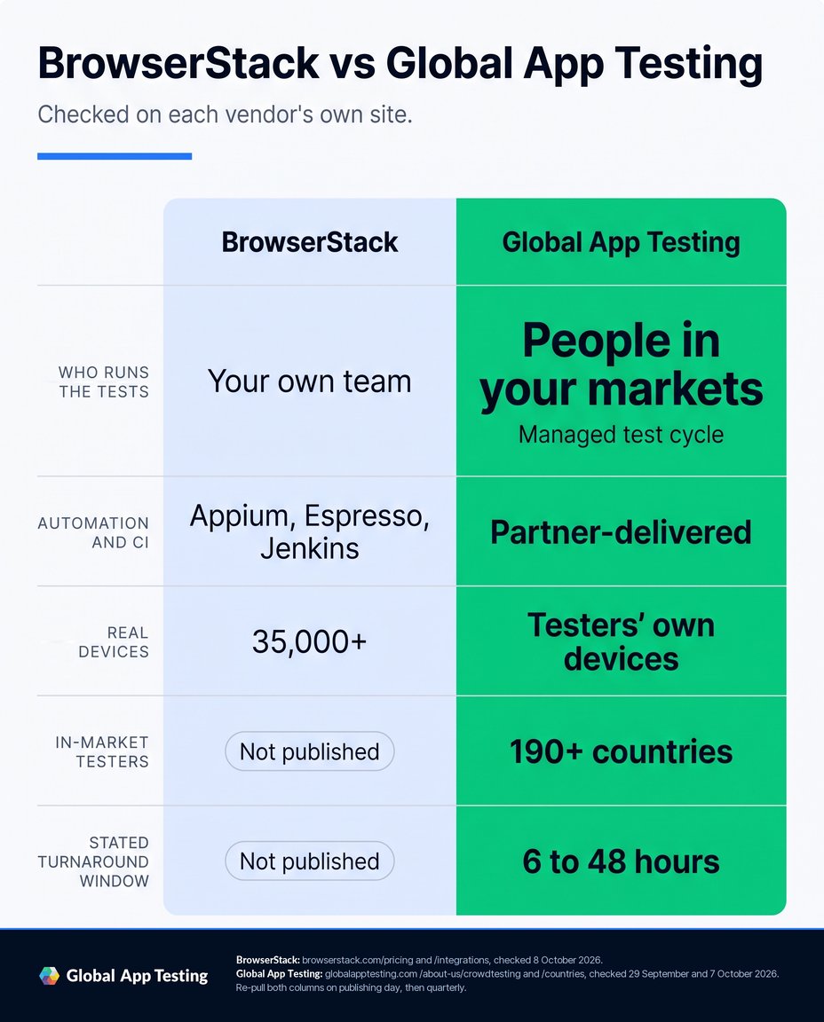A five-metric capability comparison, BrowserStack against Global App Testing, with BrowserStack's column on the left in pale blue and Global App Testing's on the right in solid green and set larger. Who runs the tests: with BrowserStack, your own team; with Global App Testing, people in your markets, as a managed test cycle. Automation and CI: BrowserStack publishes integrations including Appium, Espresso and Jenkins; at Global App Testing automation is partner-delivered. Real devices: BrowserStack publishes 35,000 plus real devices in its own cloud; Global App Testing uses testers' own devices. In-market testers: BrowserStack publishes no figure; Global App Testing publishes 190 plus countries. Stated turnaround window: BrowserStack publishes none; Global App Testing publishes 6 to 48 hours. Sources: browserstack.com pricing and integrations, checked 8 October 2026; globalapptesting.com about-us slash crowdtesting and countries, checked 29 September and 7 October 2026. Re-pull both columns on publishing day, then quarterly. No price, no tester count, no rating and no security certification is printed for either vendor.